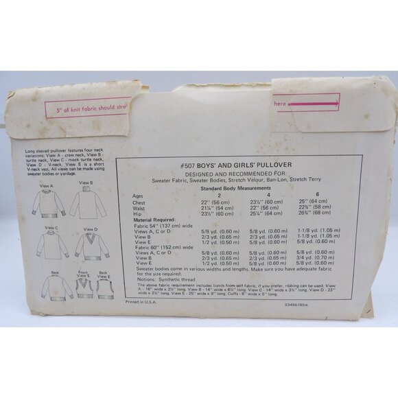 Kwik Sew 507 Boys & Girls Pullover Pattern Sizes 2-6 Round Neck Turtleneck V-Nec - Picture 2 of 3